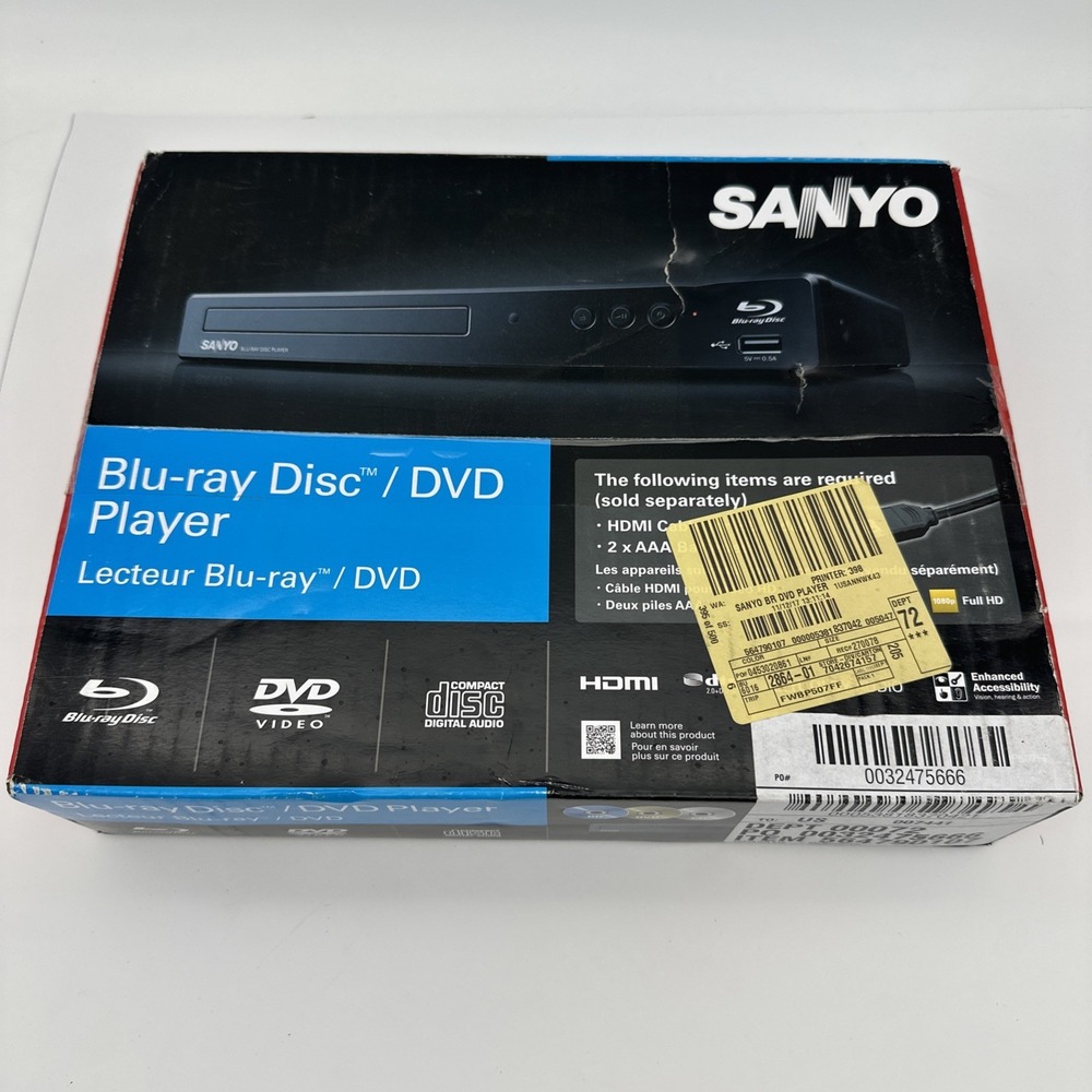 SANYO Blu-ray Disc / DVD / CD Player FWBP507FF DOLBY AUDIO 1080P - New